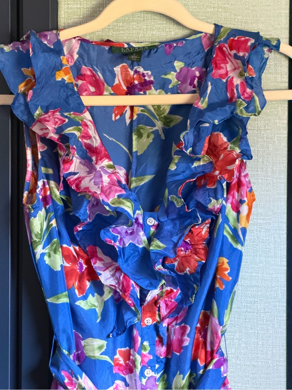 Lauren Ralph Lauren Floral Button Tie Front Ruffle 100% Silk Shirt Dress, Size 4 - Picture 2 of 12